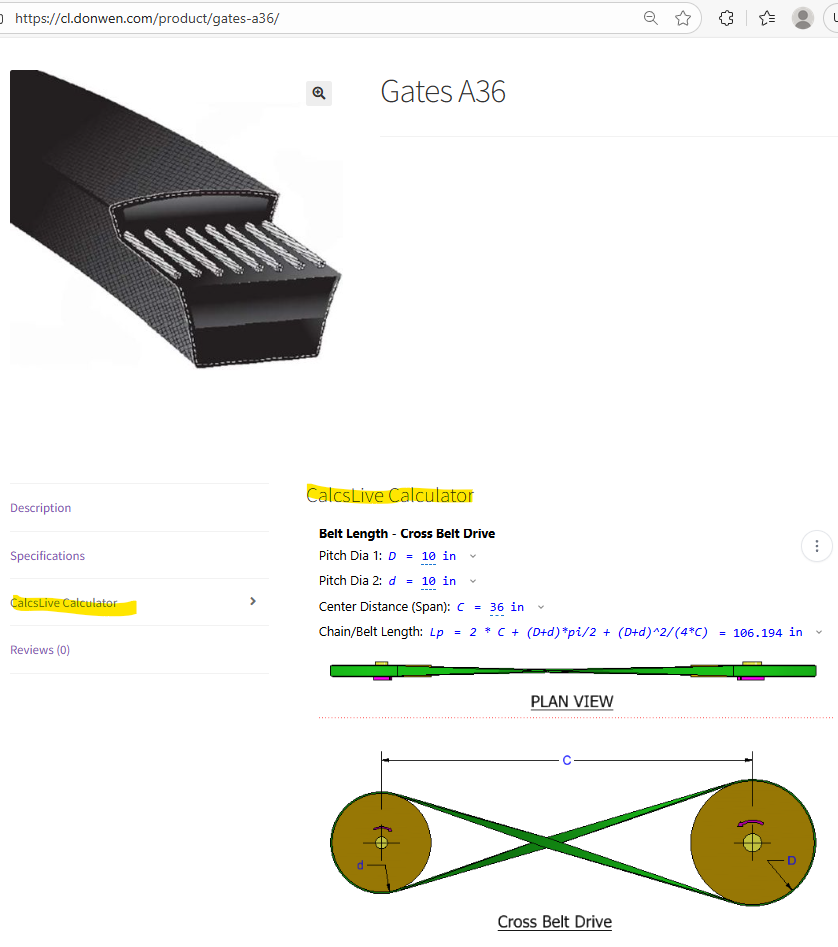 Belt Selection Calculator integrated with Gates A36 product - technical specifications with interactive sizing