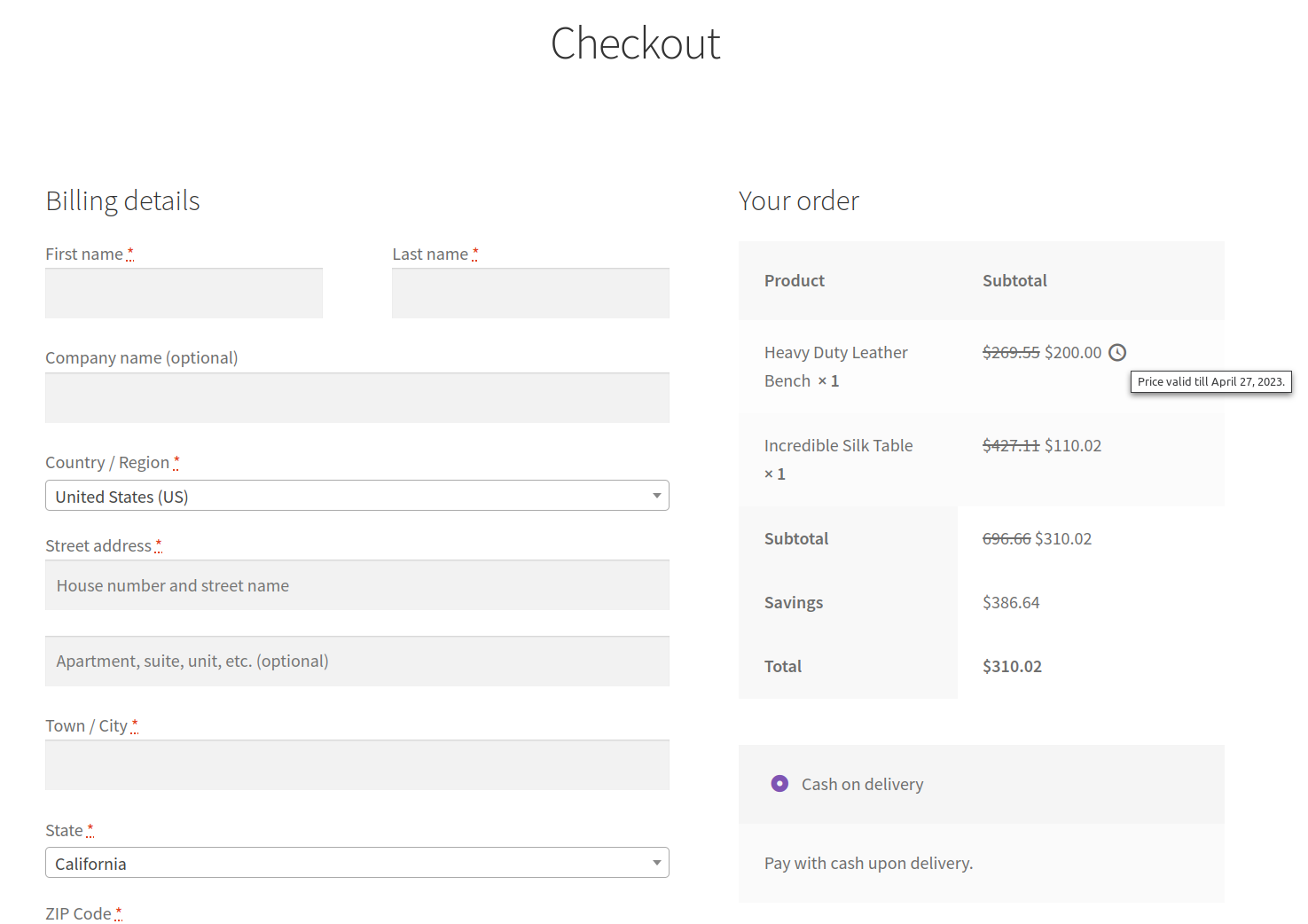 The checkout page. When a product on sale has a date to finish, the plugin shows a clock that indicates the limit date the price is valid.