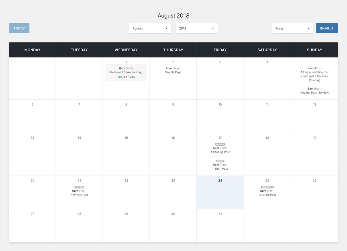 Options for a post in the calendar.