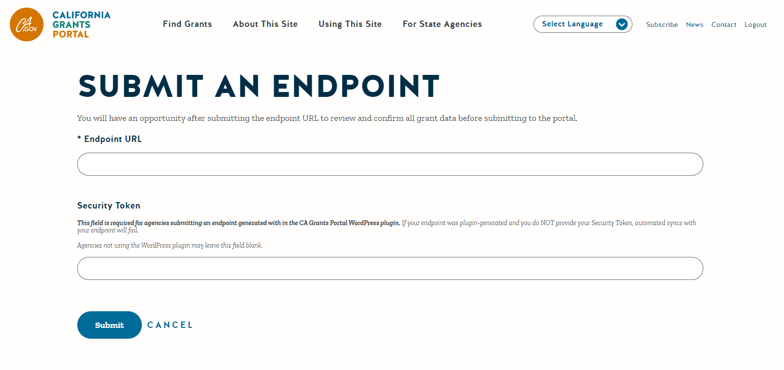 Endpoint URL submission form on the California Grants Portal