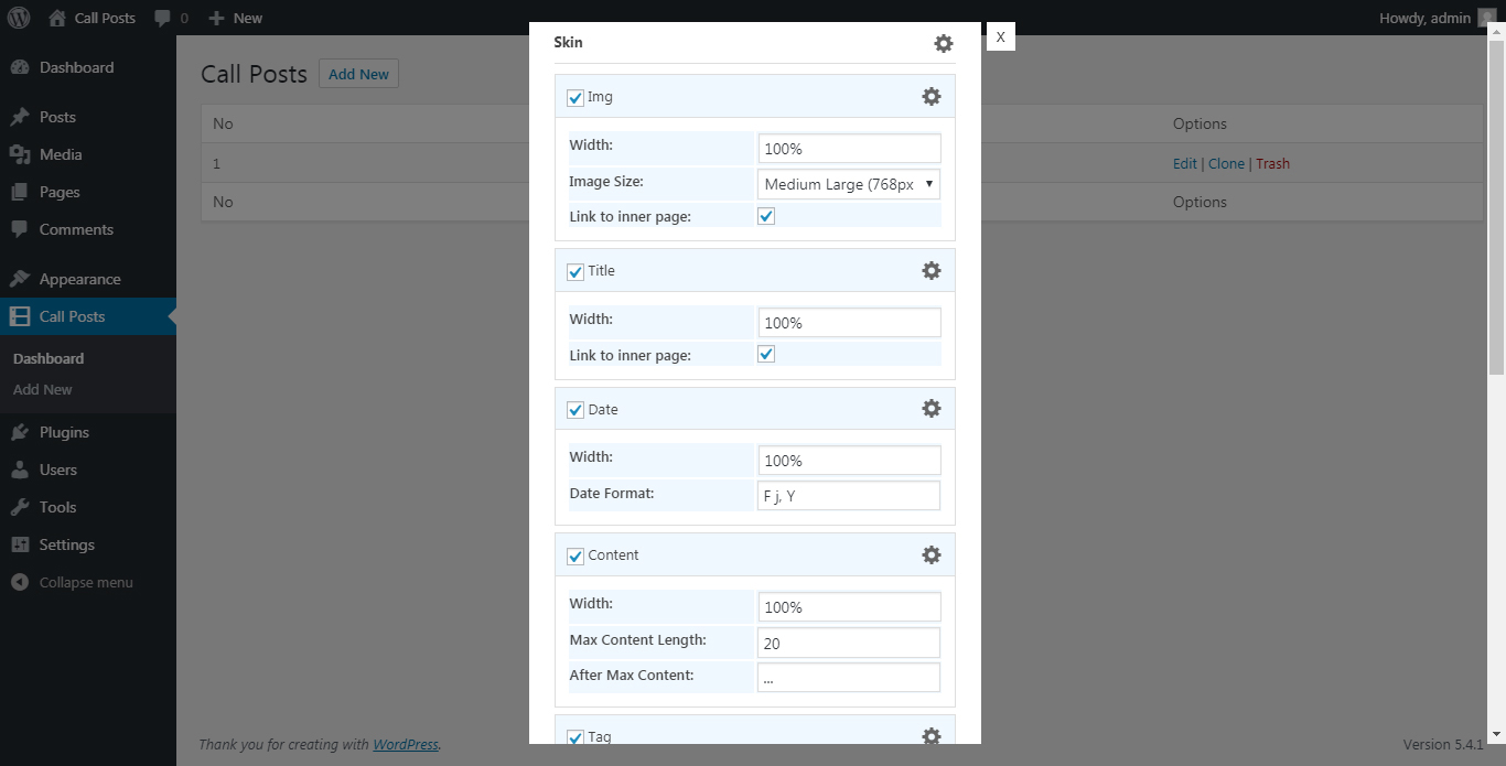 Skin elements settings.