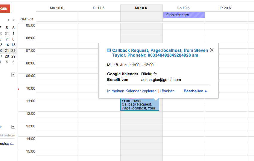 The Request appears in the Google Calendar.