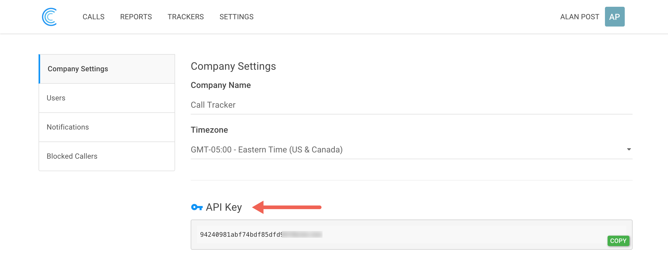 Example company settings to locate your API Key.
