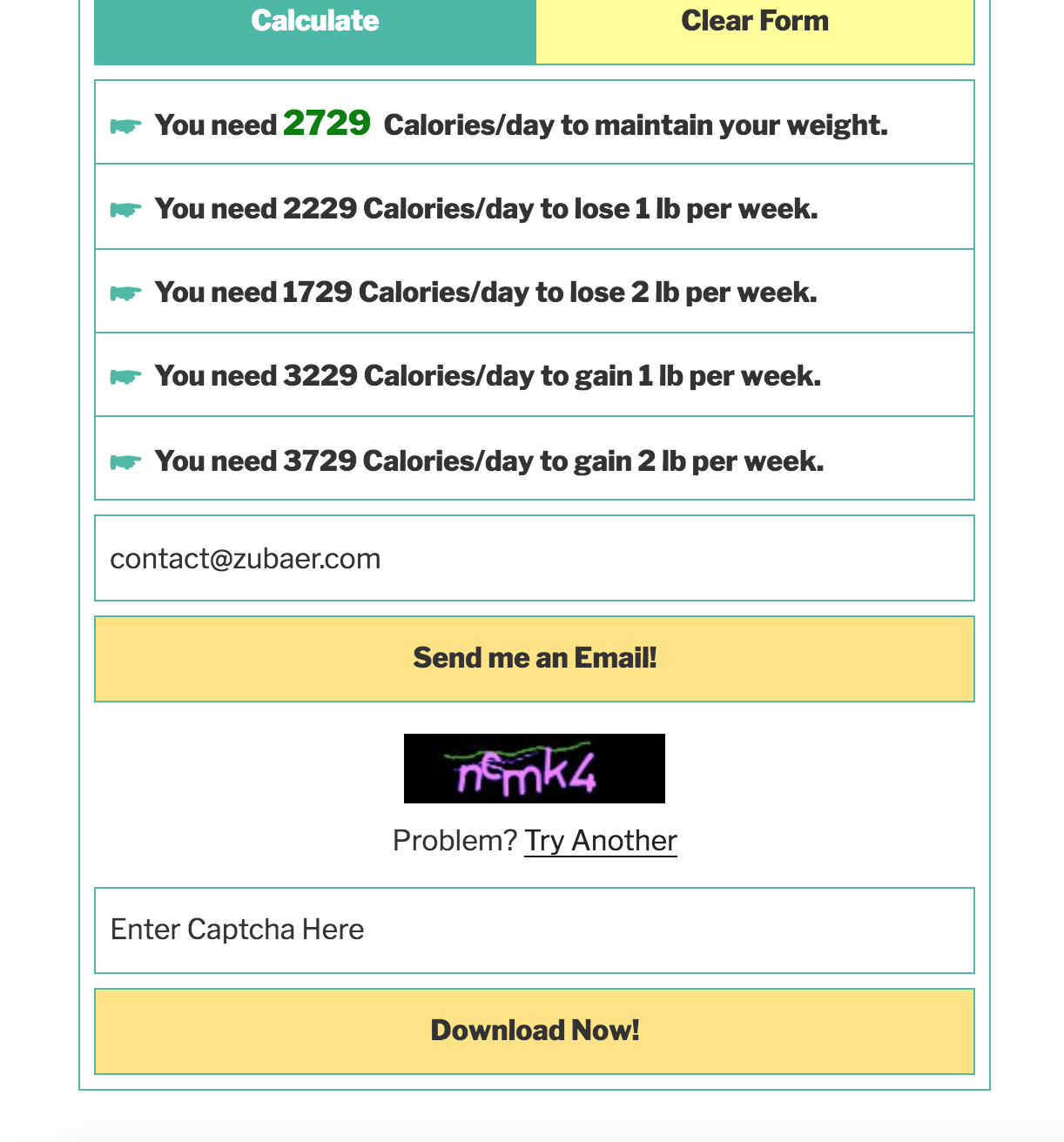 Calorie Calculator US Units Filled Up