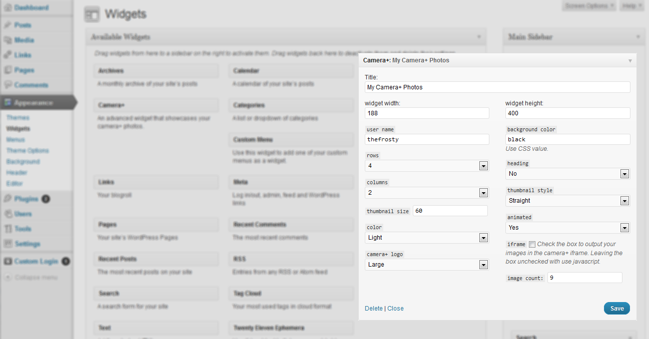Widget options.