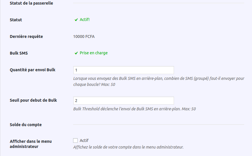 Bulk SMS configuration.