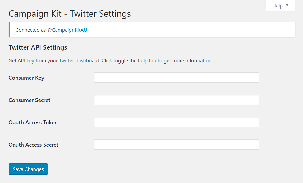 Campaign Kit - Twitter API settings panel.