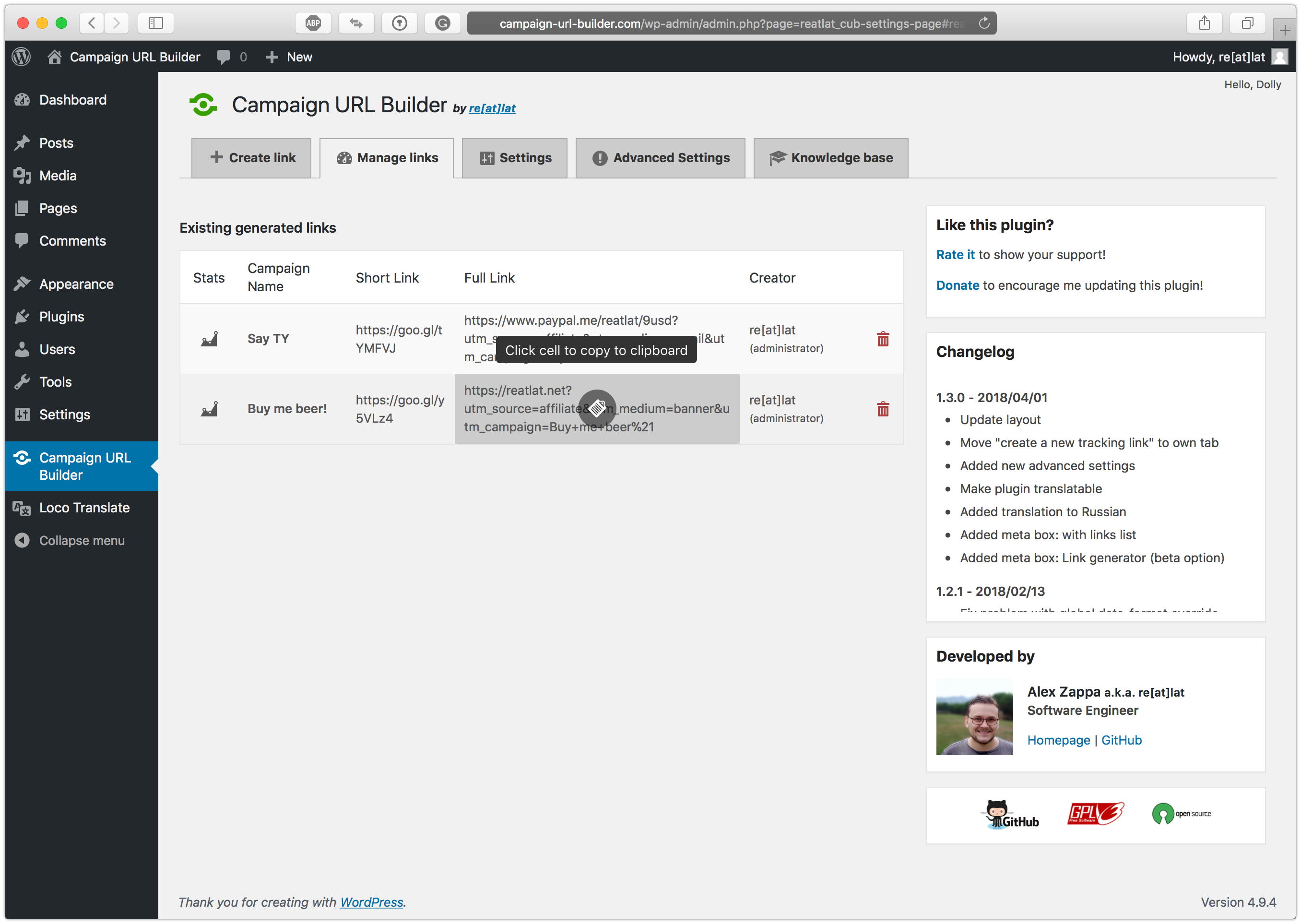 The settings tab to set up Google API key and add campaign parameters.