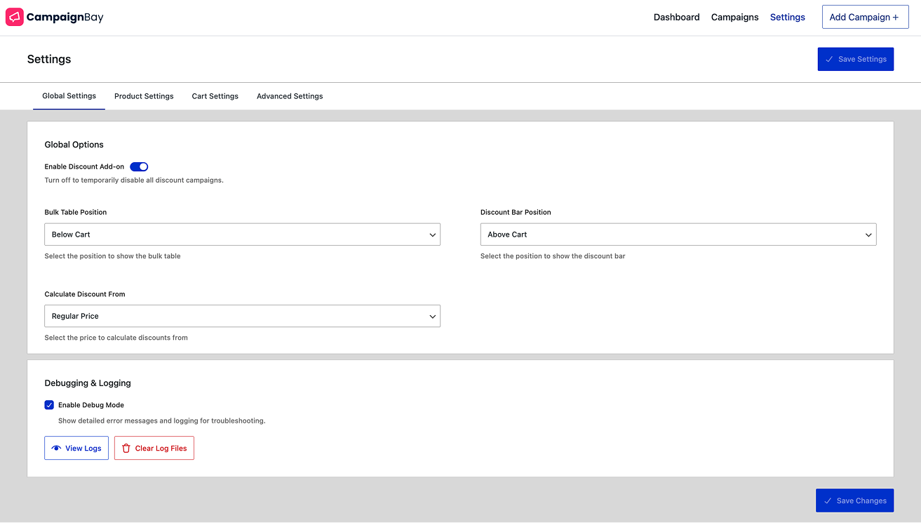 **Customize Product Page Display.** The Product Settings tab, for customizing discount message formats and quantity table visibility.