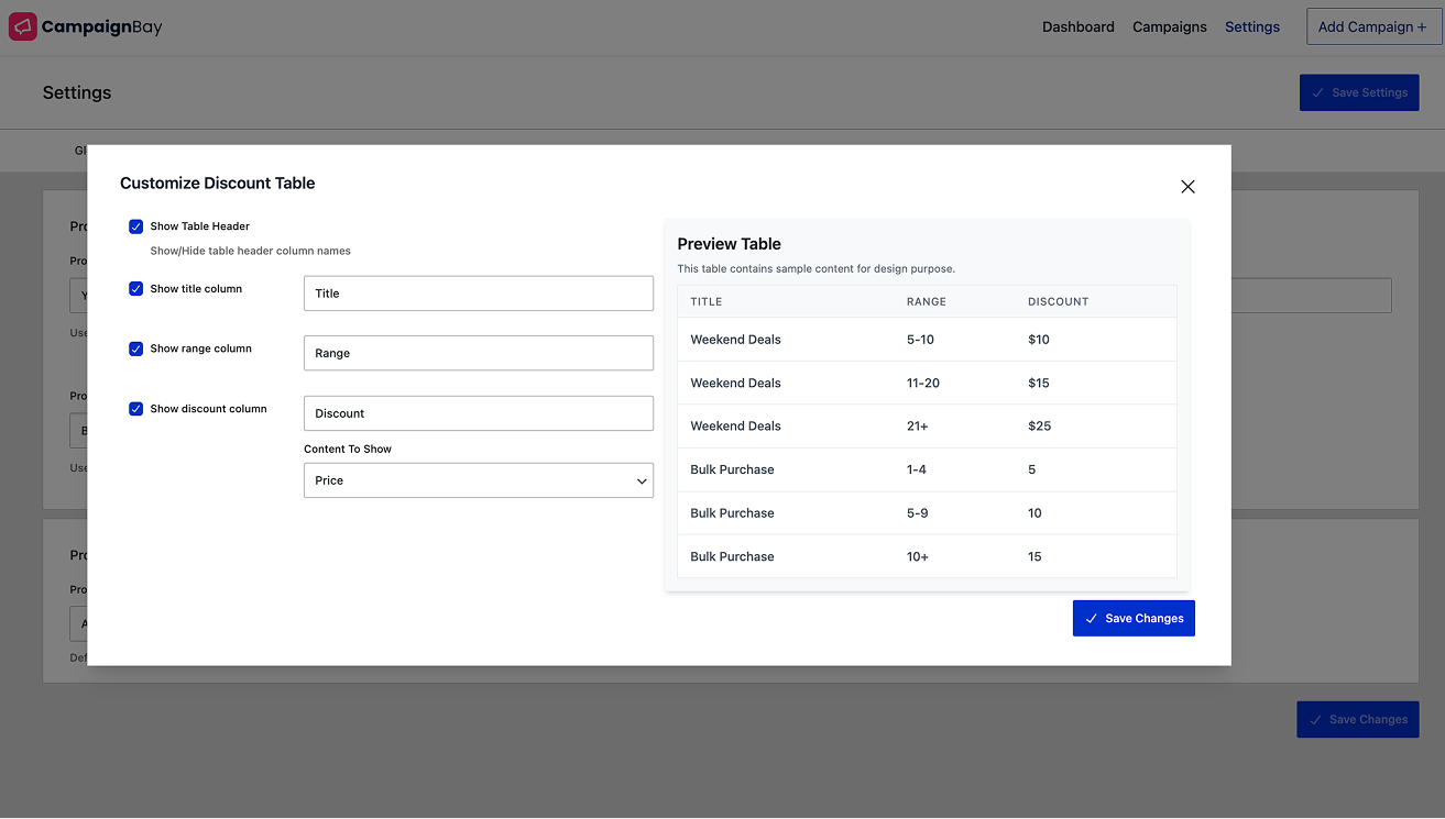 **Configure Cart Logic.** The Cart Settings tab, with powerful options for coupon and campaign stacking.