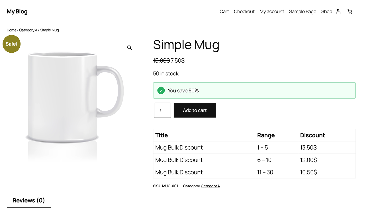 **Frontend Cart View.** Discounts are applied directly to products in the cart, showing strikethrough pricing and the total savings for each item.