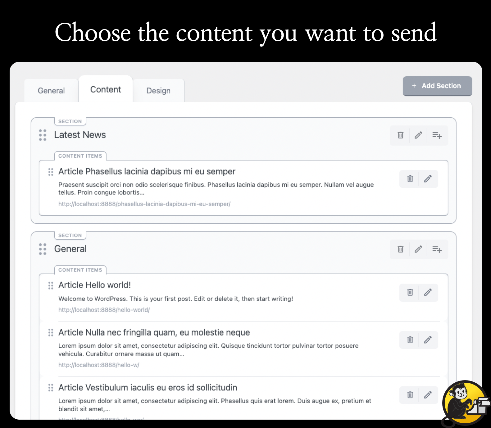 Define sections for your content, then choose content for each section.