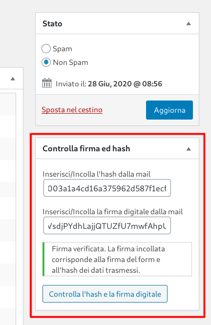 Image of the hash code verification meta-box and digital signature in Flamingo