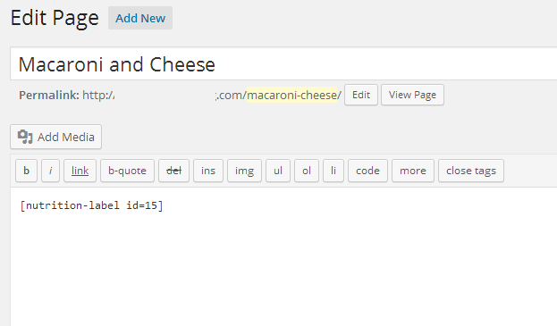 Add a label with the shortcode and label id [nutrition-label id=XXX].