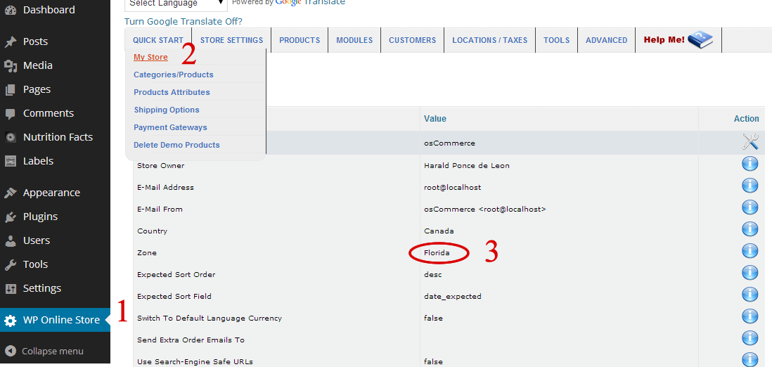 in WP Online Store set store zone under My Store