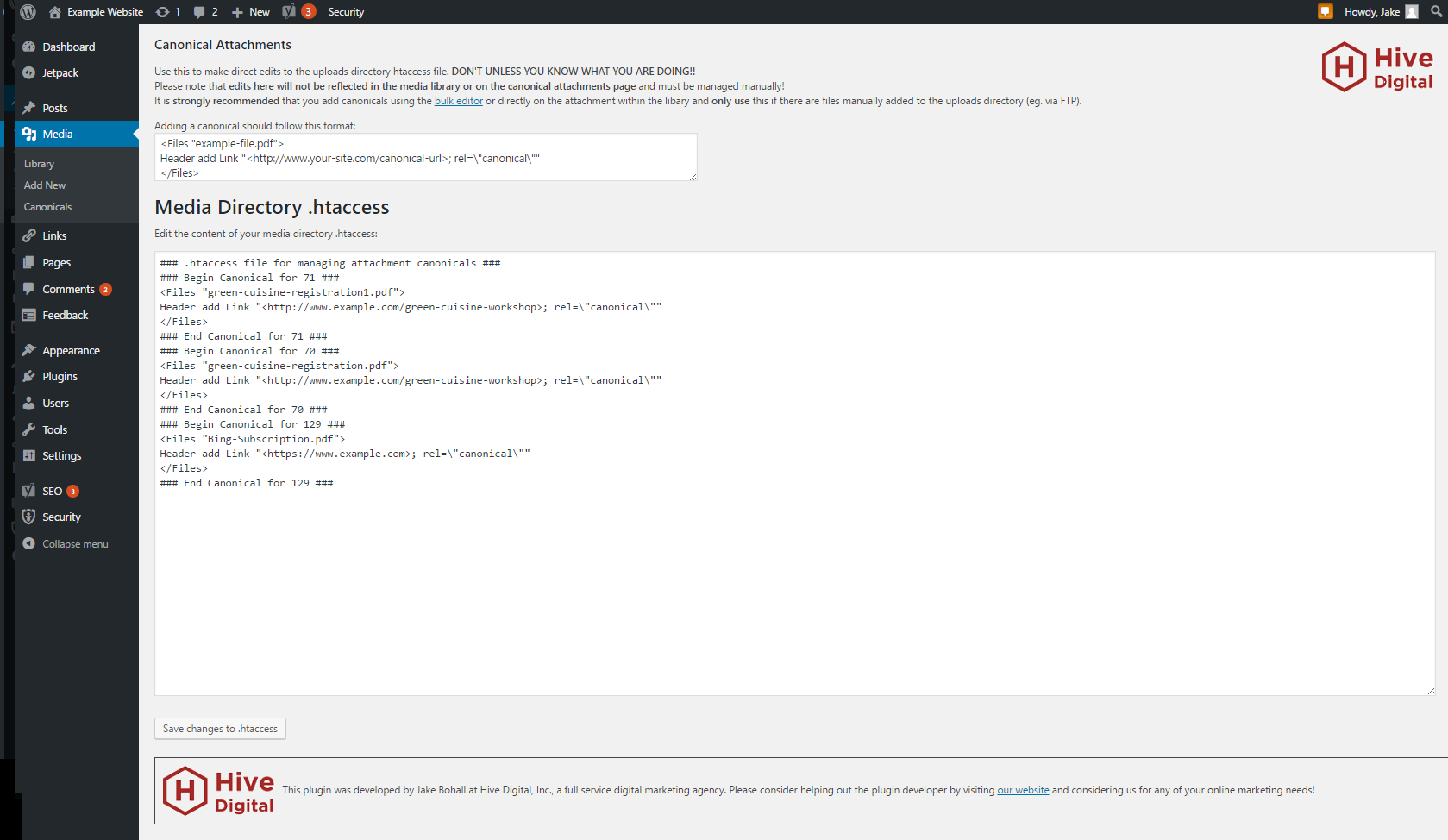 Editor page for the uploads .htaccess file