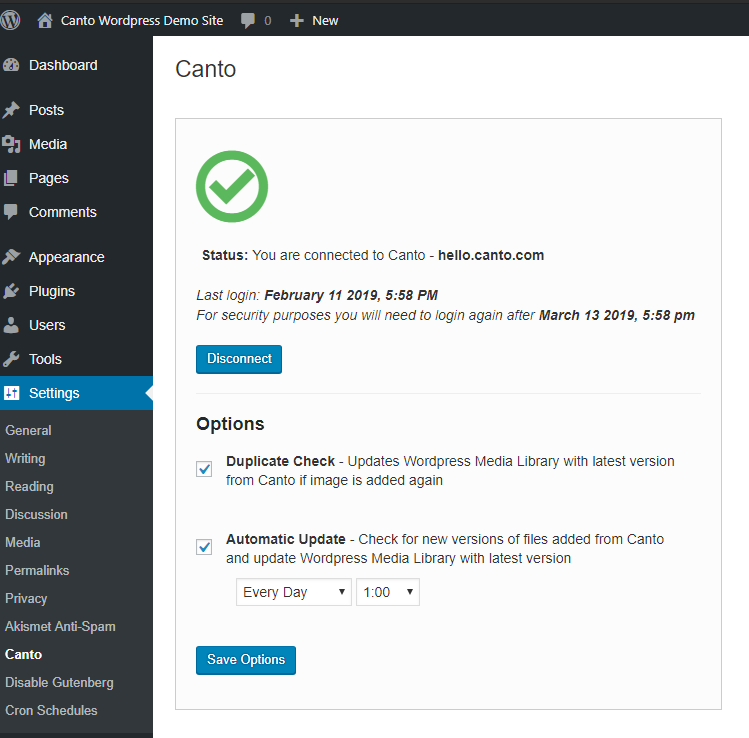 Plugin settings include duplicate checking and automatic updates for assets imported in WordPress
