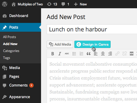 You can create a new blog graphic by clicking the Canva Design Button while adding or editing a post in Wordpress