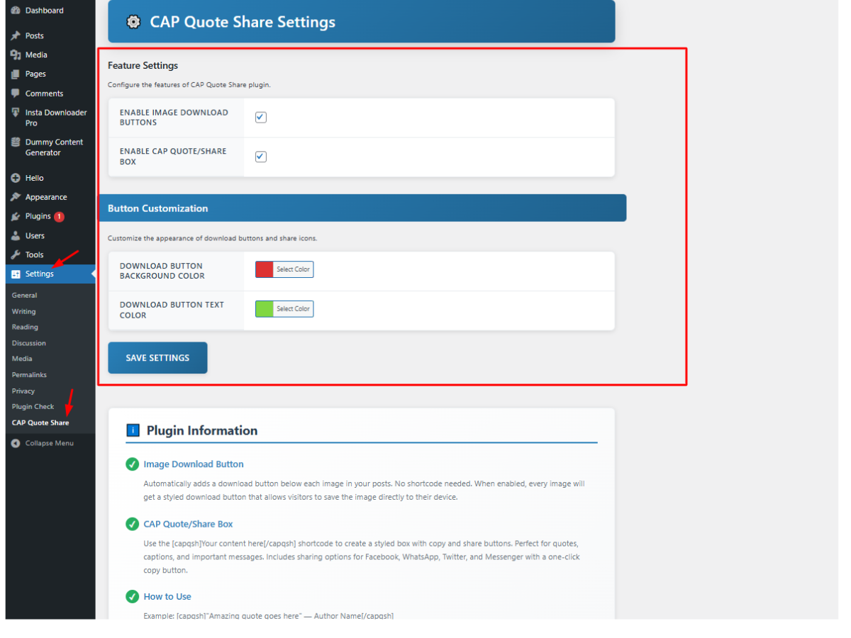 Plugin admin settings page – manage quote/share and image download features