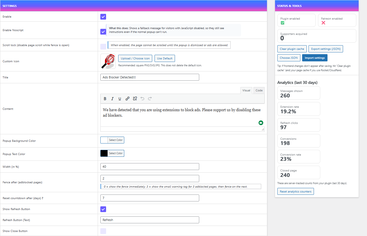 Example of PRO version settings