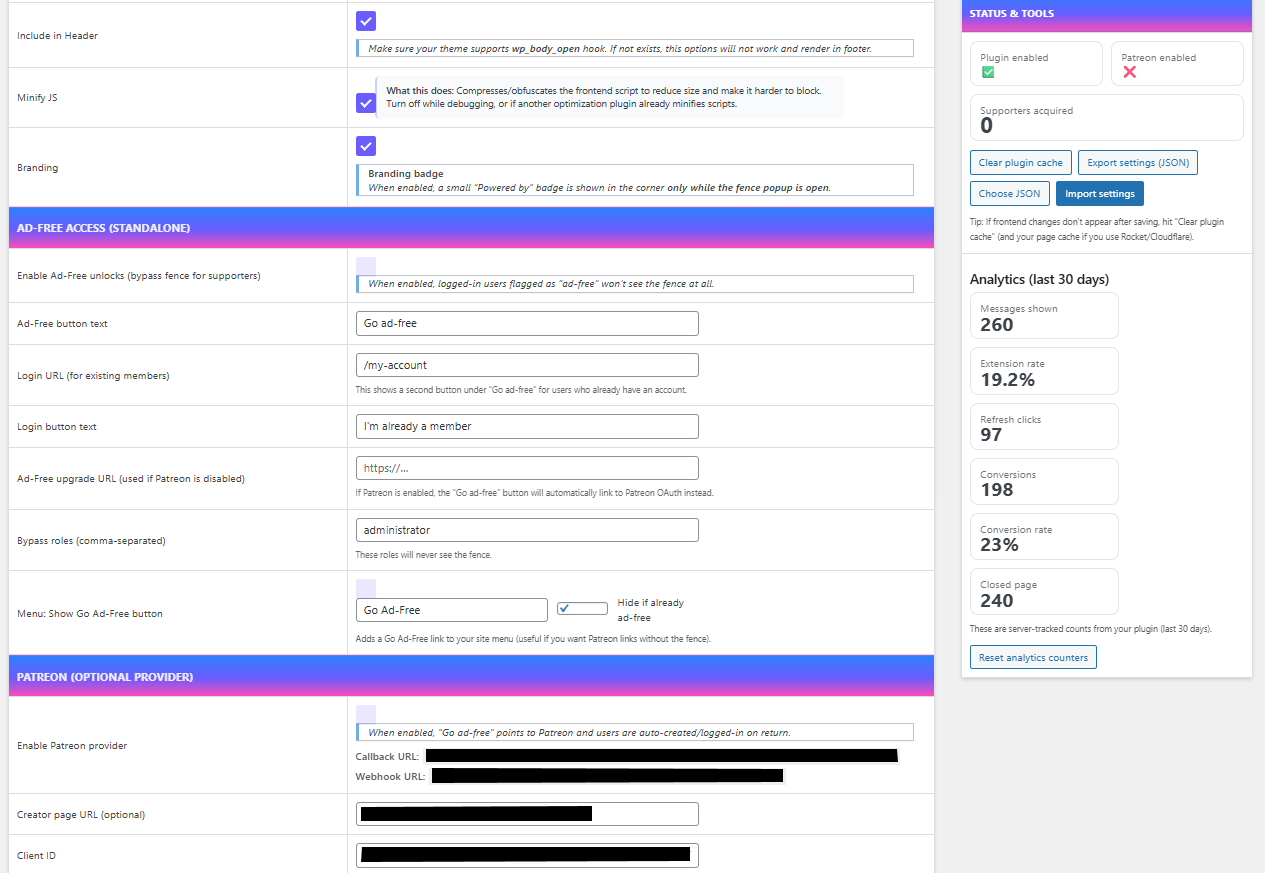Example of PRO version settings