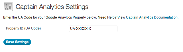 The options screen for Captain Analytics, where you set and enable Google Analytics tracking on your site.