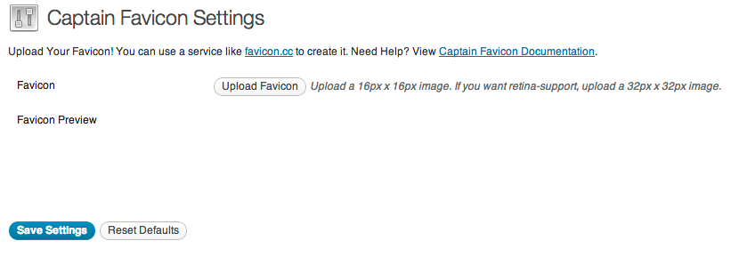The options screen for Captain Favicon, where you can upload your favicon.