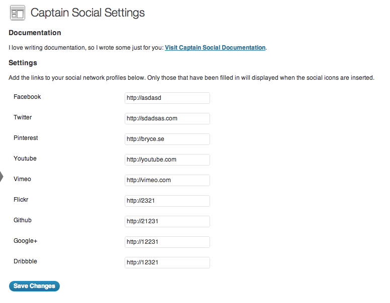 The Settings Page for Captain Social.