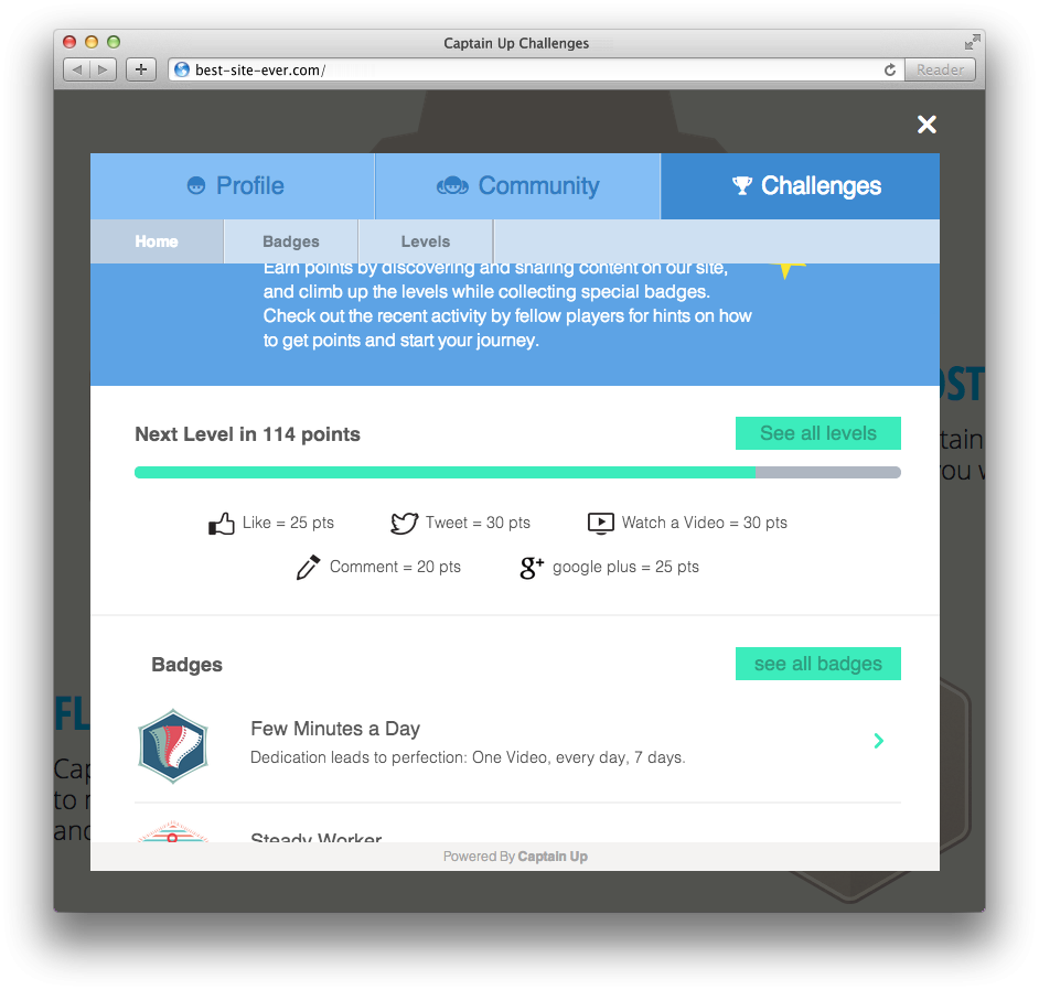The activities tab shows everything users can do on your site