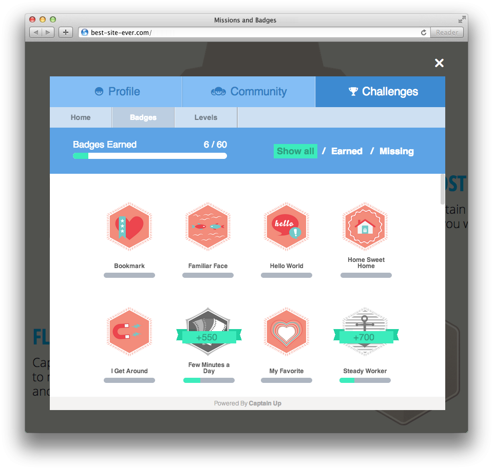 The badges tab displays all the badges, and the user progress through them