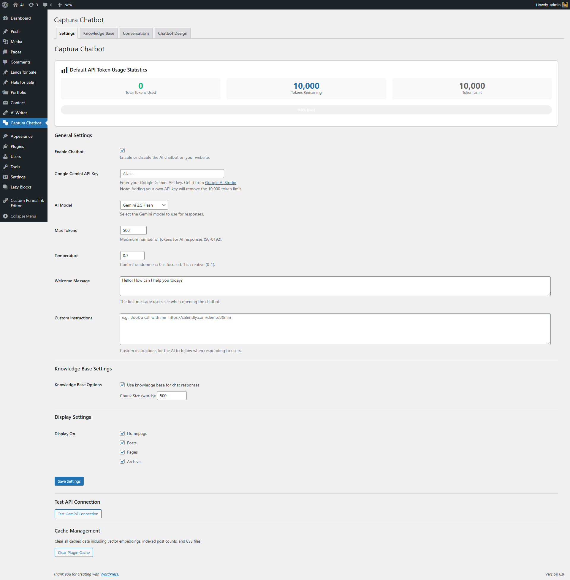 Admin settings panel