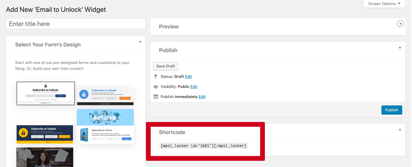 When you’re done, click “publish”. Copy the shortcode for your widget.