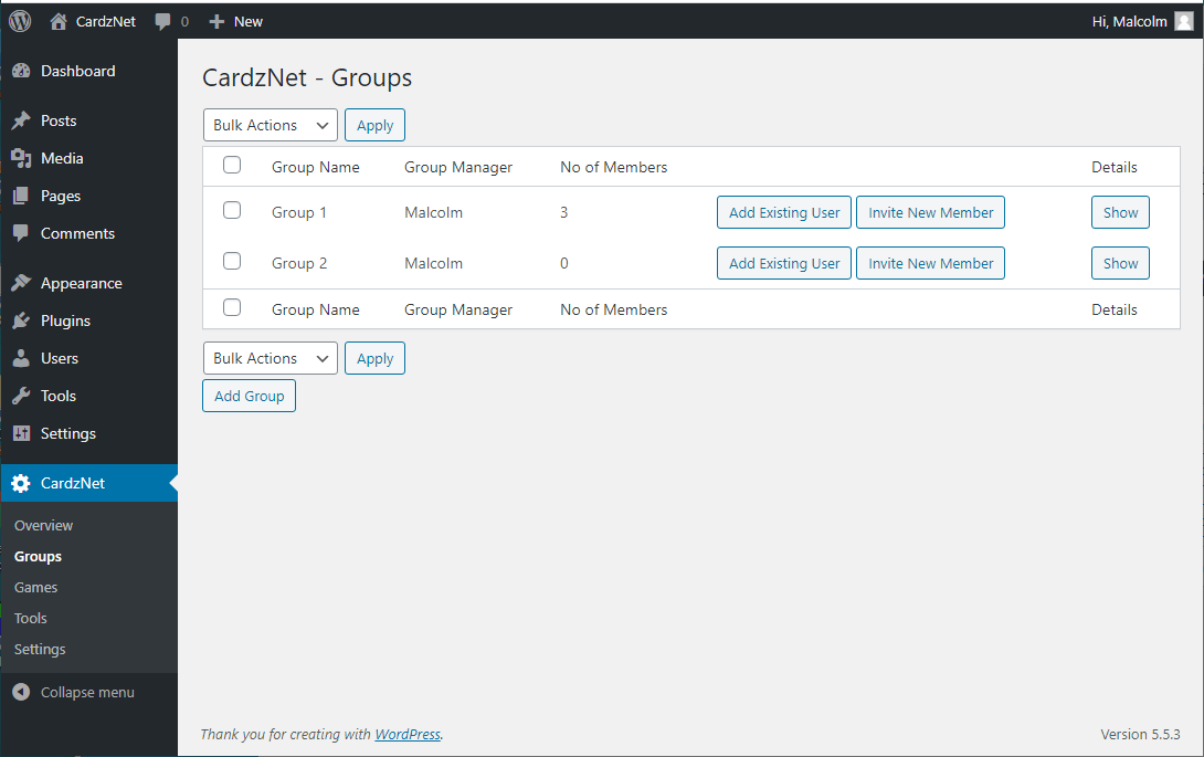 Screenshot 2: Groups Admin Page