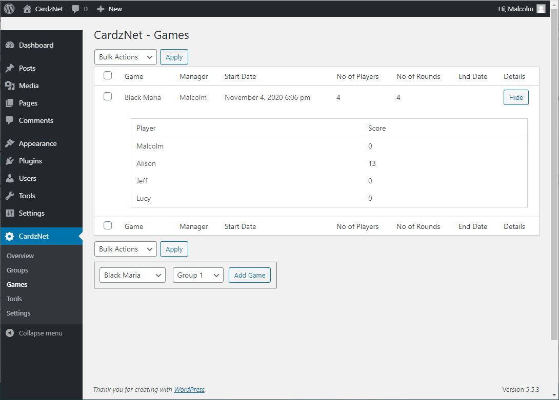 Screenshot 3: Games Admin Page