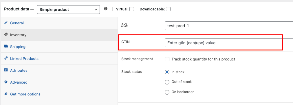 Example of the field GTIN on simple products.
