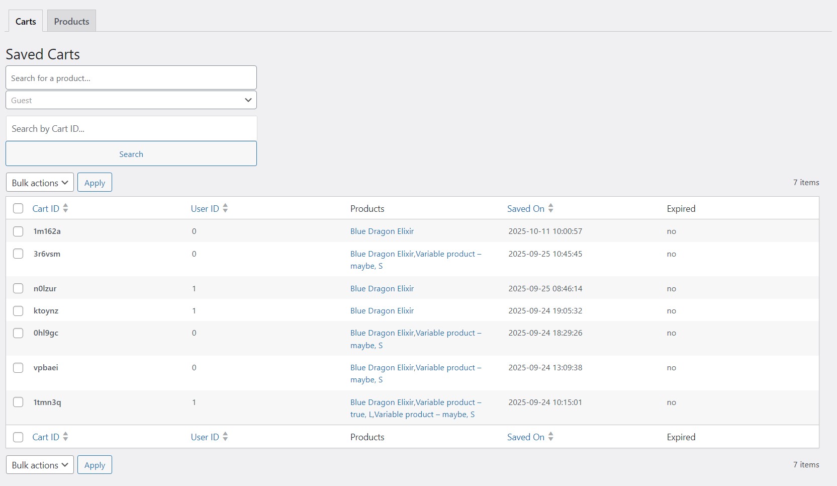 **Admin saved carts list** – Store owners can view and manage saved carts from the dashboard.