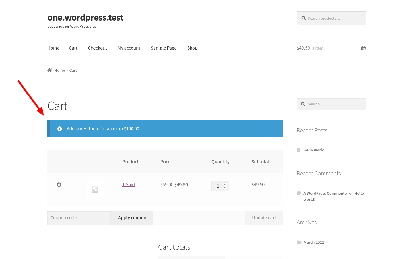 Customizable notification above the cart