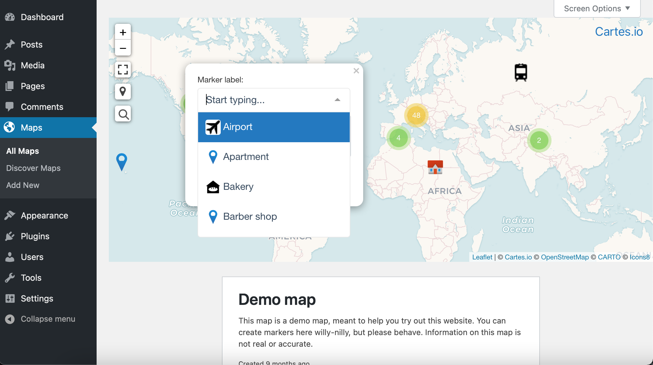 Create and manage maps and markers right from the admin dashboard.
