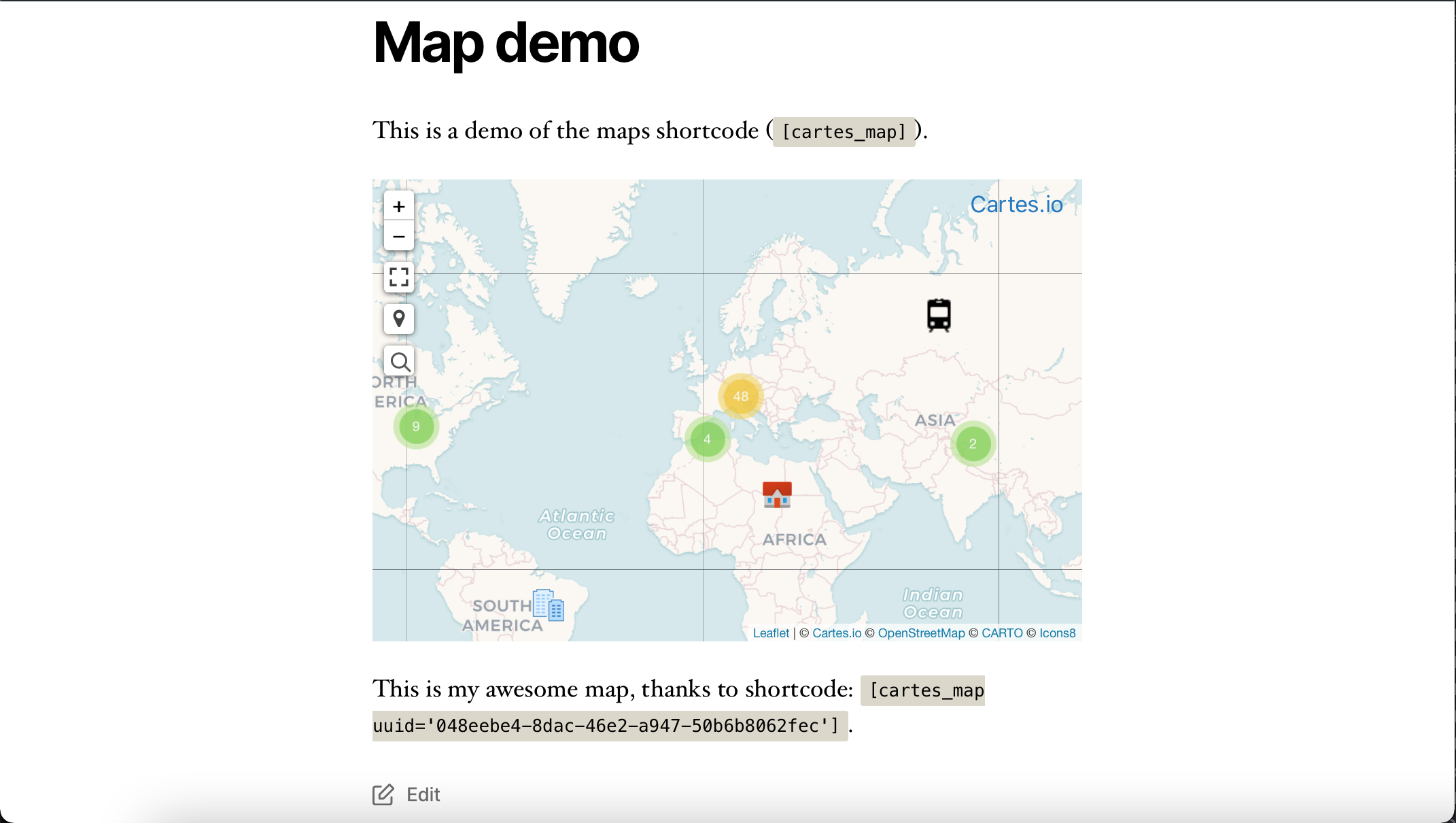 Place your maps anywhere on your site with shortcodes. You can also let your website visitors contribute to your maps, if you want.
