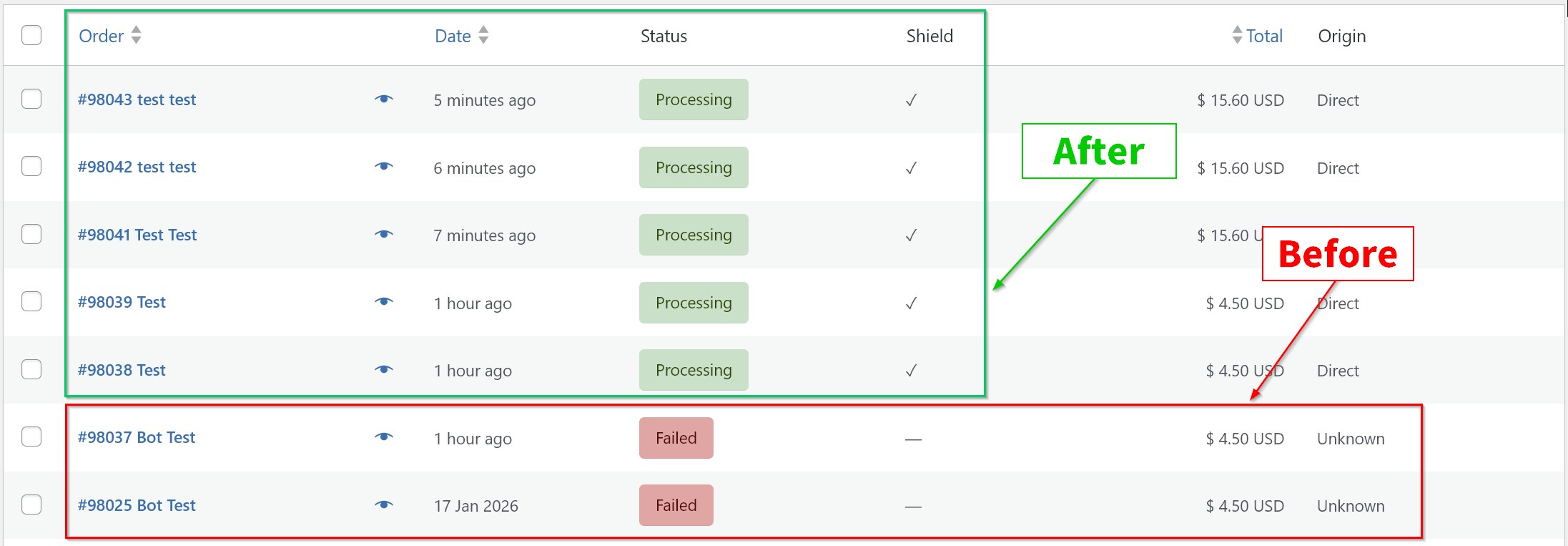 Orders column - View shield status for each order