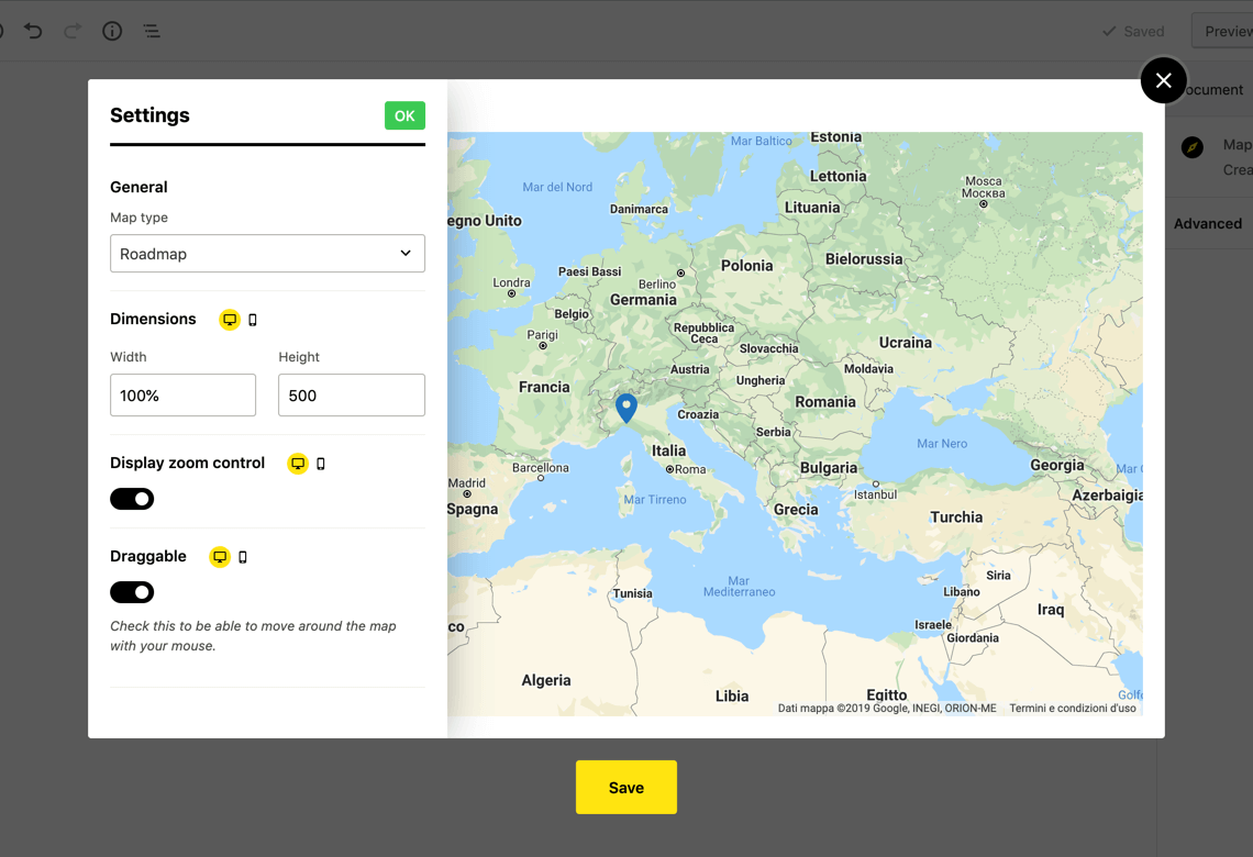 Map settings panel.