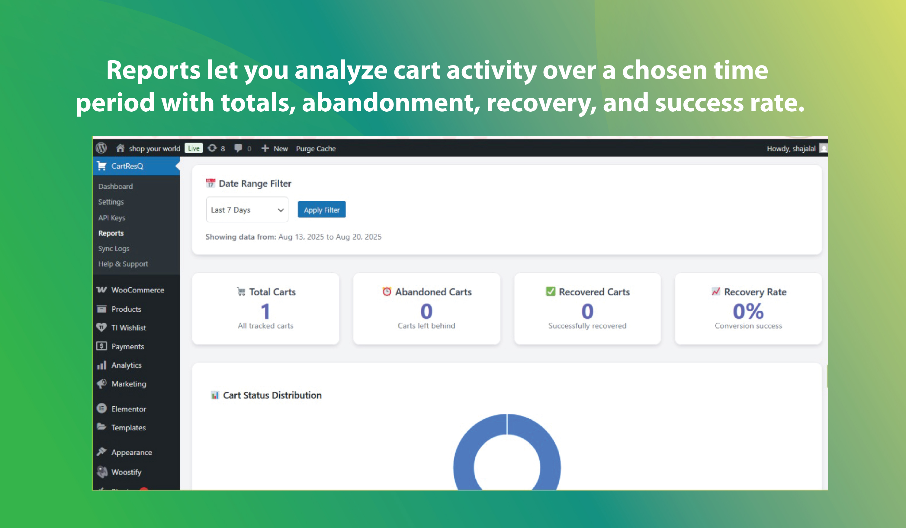 Reports with date filter, KPIs, and chart for status distribution