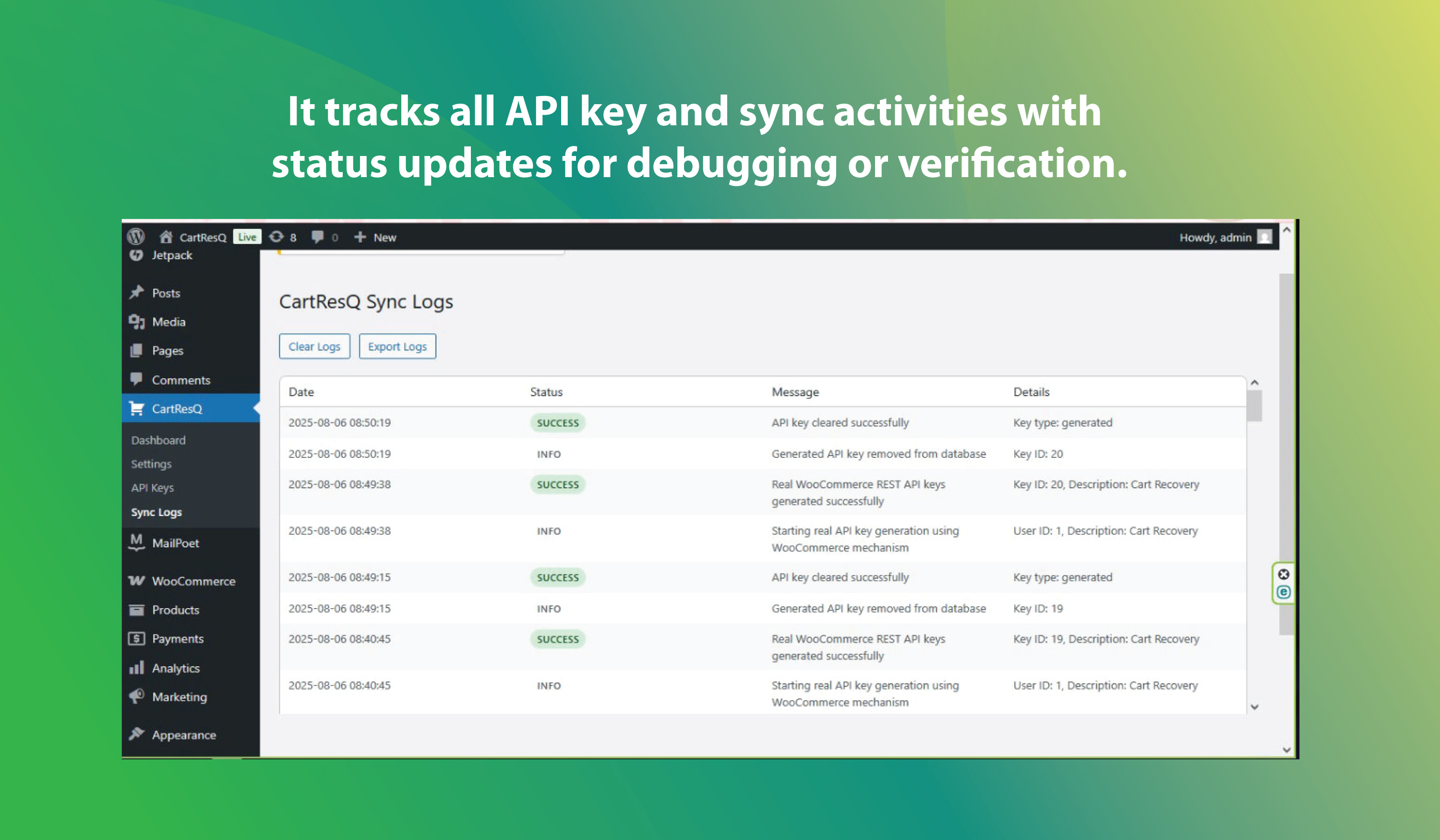 Sync logs with status updates and debugging details