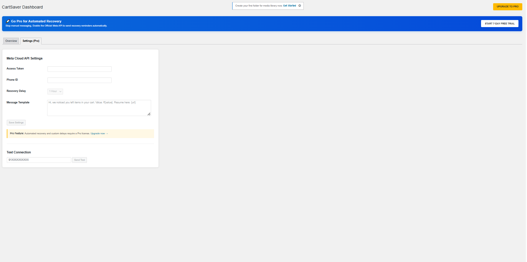 Pro Settings tab with Meta API configuration and Test Connection tool.