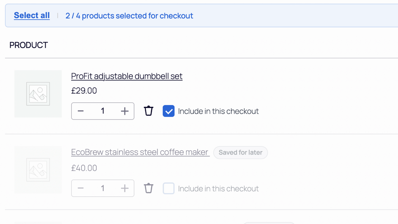 Deselected lines styled as “saved for later” while selected lines drive totals.