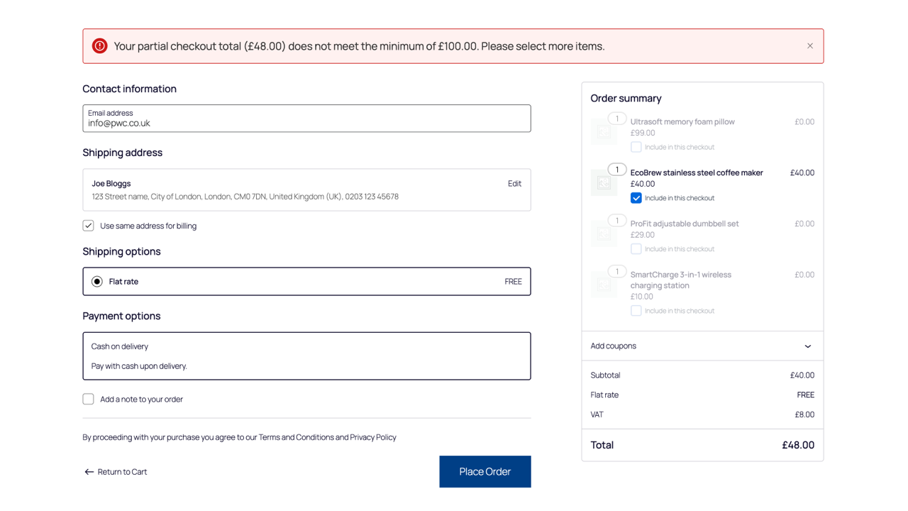 Order screen showing partial checkout details and items left in cart.