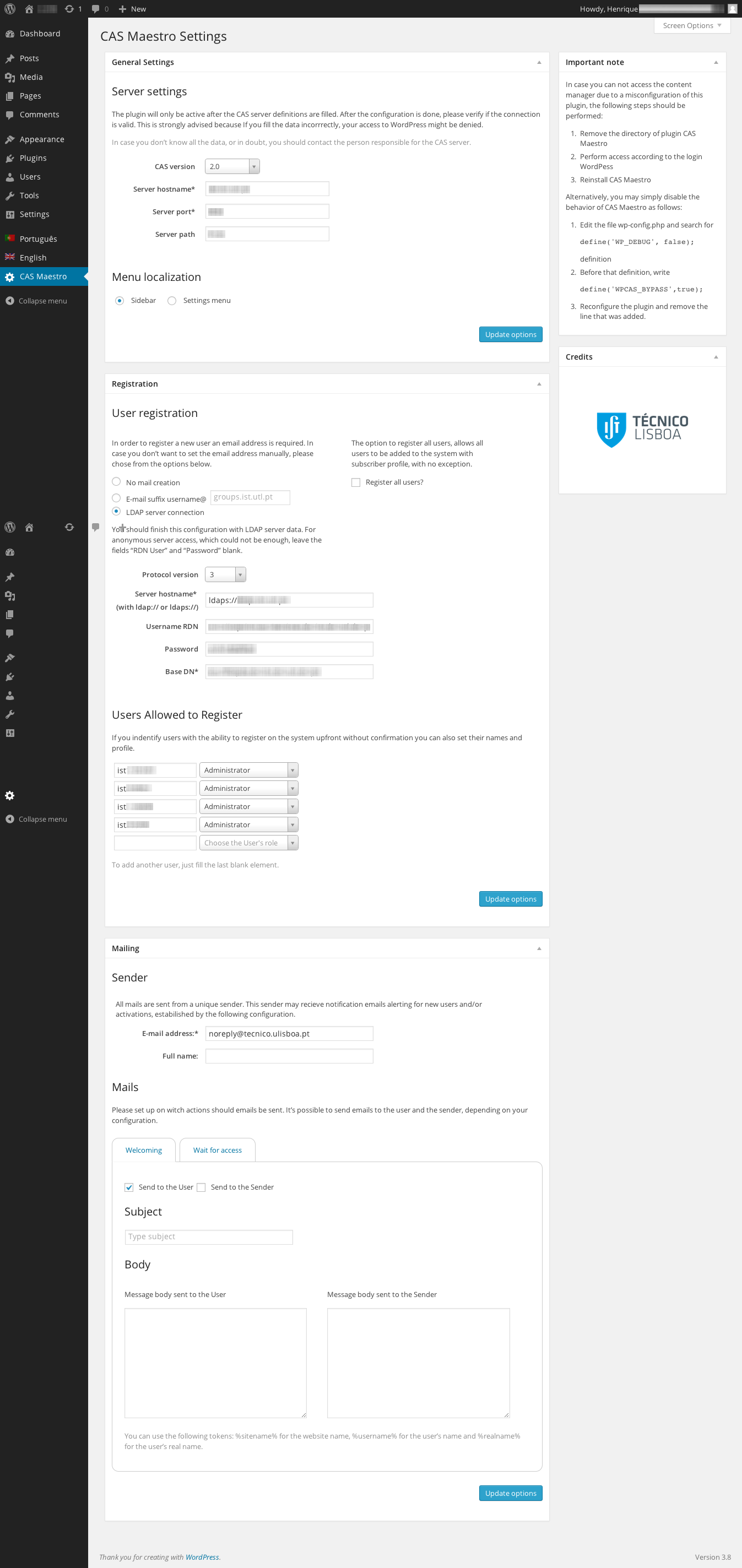 The full CAS Maestro settings page