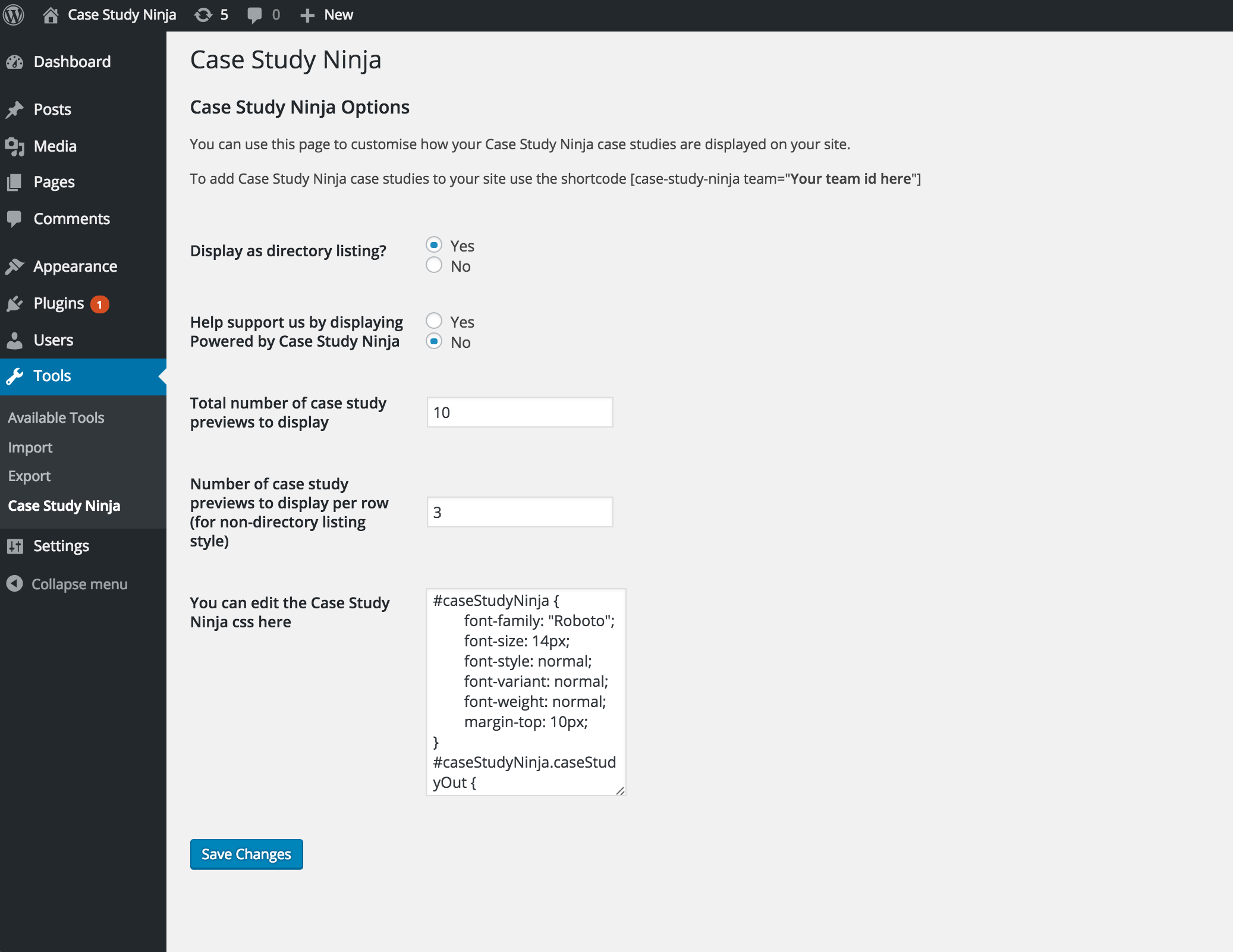 The Case Study Ninja admin panel