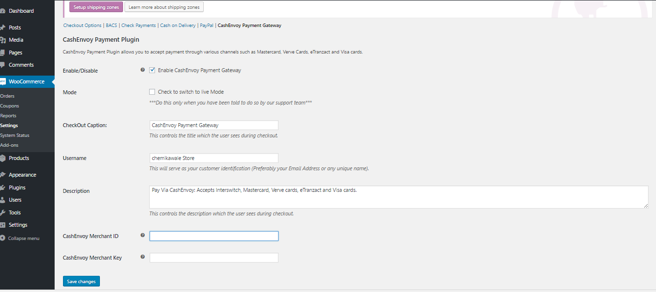 CashEnvoy Wooocommerce Payment Plugin Setting Page