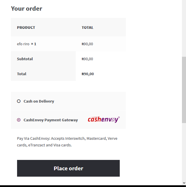 CashEnvoy Wooocommerce Payment Plugin method on the checkout page